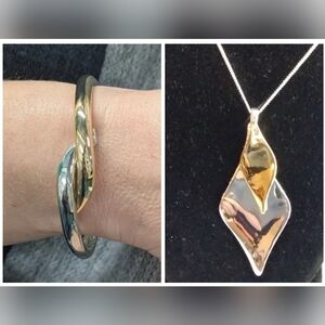 NEW Gold & Silver Clamper Cuff & Two Tone Dia & Co. Necklace 2pc Jewelry Set